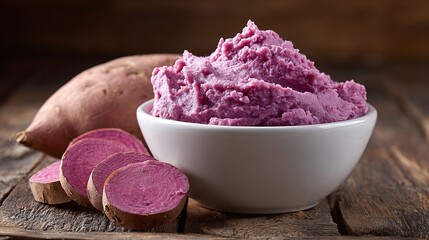 Delicious mashed purple sweet potato in a bowl, served with slices and a whole potato on a rustic wooden table. Healthy vegan treat! #sweetpotato