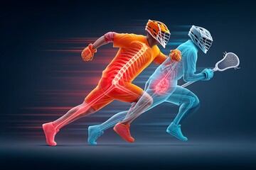 Obraz premium Male lacrosse player dodging an opponent with an anatomical illustration showing a hip flexor strain on the right side the strained muscle fibers glowing red