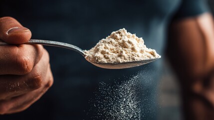 Spoonful of Dietary Supplement Powder: Fine white powder falling from a metal spoon held in a muscular hand on a dark, textured backdrop.