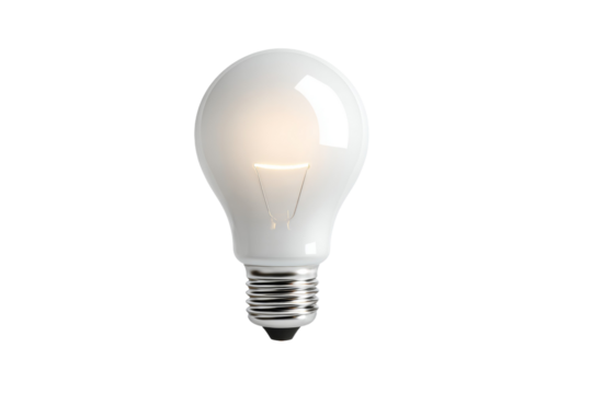 A light bulb is lit up and is sitting on a white background