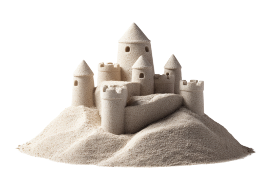 A sand castle is built on a hill
