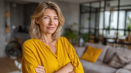 Confident woman in bright yellow shirt with arms crossed. Calmly facing the camera in her modern home. Positive attitude and relaxed lifestyle.