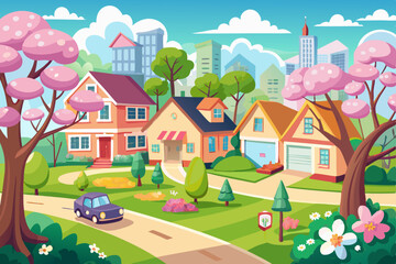 Spring village landscape illustration with houses, a home on the hill, and a house in the park under a cloudy sky