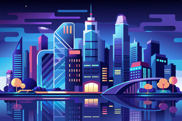 Modern urban cityscape at night with illuminated skyscrapers and business buildings