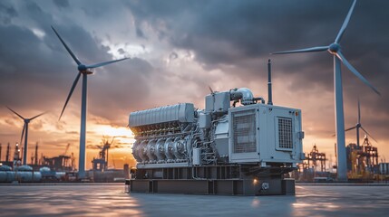 Industrial generator with wind turbines, blending energy solutions. Clean energy transition with sunset backdrop.