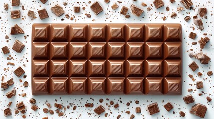 Delicious milk chocolate bar with breakable squares surrounded by scattered chocolate chunks on a white background. A sweet treat for any occasion.
