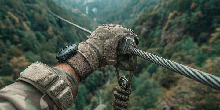 Military personnel engages in ziplining adventure over a lush canyon landscape