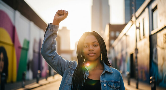 Young woman raising fist in empowerment for Women's Equality Day