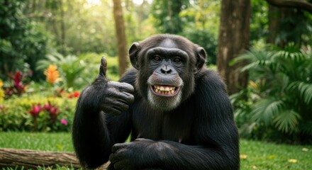 Naklejka premium A grinning chimp lifts a thumb in approval, framed by bold, colorful scenery.