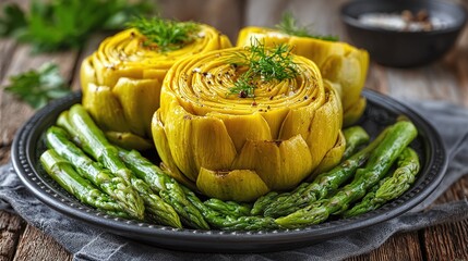 Artichoke & Asparagus Delight. A Mediterranean feast for the senses. Perfectly prepared for a delectable meal, served on decorative plate