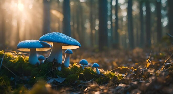 Blue Mushrooms in Forest Bathed in Soft Light 4K