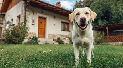 Happy dog portrait in front of house.  Bright and cheerful canine companion enjoying a sunny day in the yard.