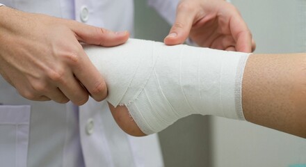 Doctor wrapping bandage around patient's injured ankle in clinic  