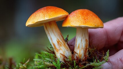 Close-up of two mushrooms with bright orange caps, nestled among green moss and held by a hand. The mushrooms display intricate textures on their stems.