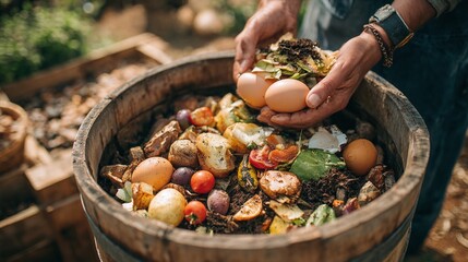Composting: A person adds food scraps and organic waste to a wooden compost bin for recycling and soil enrichment in a garden setting.