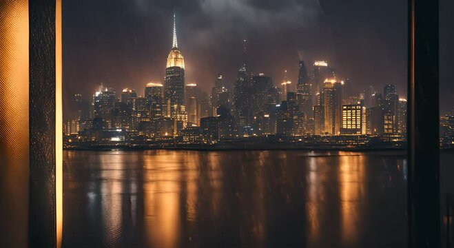 A cinematic video capturing city lights through a rain soaked window at night offering a moody urban ambiance Ideal for film noir and cityscape themes 4K