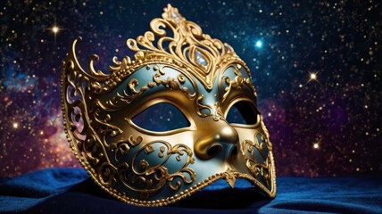 An ornate gold and blue Venetian mask sits on blue velvet against a starfilled sky background