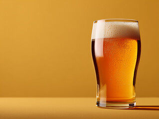 Cold beer glass on yellow background