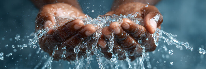World hand hygiene day celebration with water splash in hands. Horizontal banner. Copy space. World Health Day. World Water Day