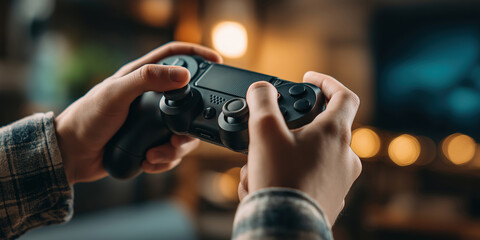 Engaging in gaming with a controller at home during the evening hours