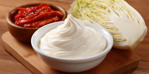 Delicious dipping sauces beside fresh cabbage and spicy red paste on wooden board