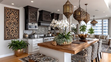 Beautiful kitchen with artistic details and wood elements high resolution photo