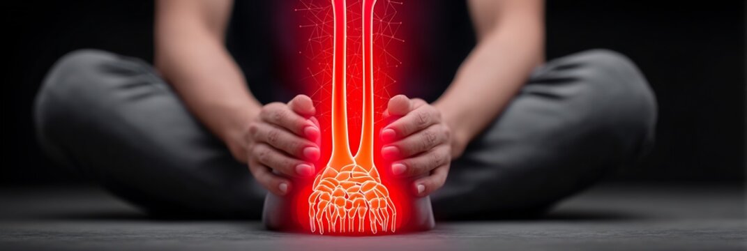 Person sitting with legs crossed with an overlay displaying peroneal nerve compression in the right leg the compressed nerve area glowing red