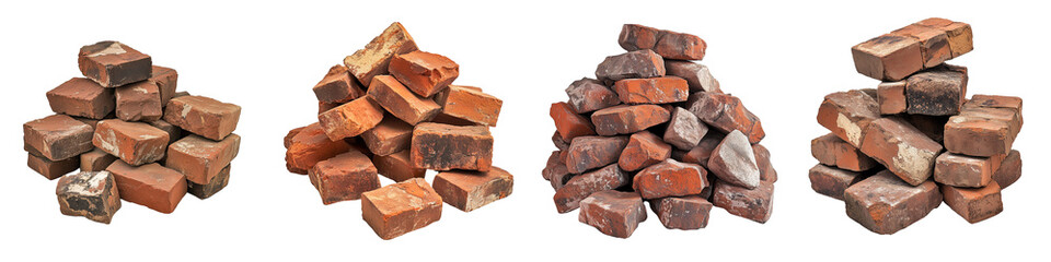 set of Separated, broken bricks, pile of bricks, pile of old bricks, separated bricks, red bricks of broken wall, old red bricks, on a transparent backgrounds