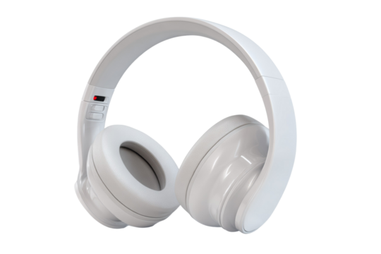 A pair of white headphones with a red button on the left side
