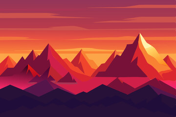 Vector silhouette of an Egyptian desert landscape with pyramids and camels at sunset, featuring distant mountains under an orange sky