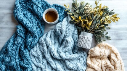 Knitted throws and a cup of coffee on a light surface.