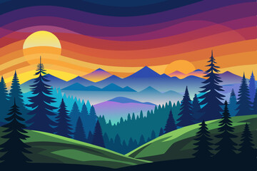 Panoramic sunset mountain landscape with mist, pine trees, and a clear sky