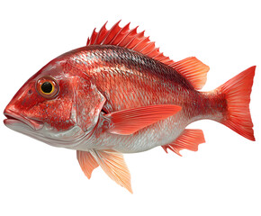 Isolated red snapper fish with detailed scales and fins against a black background in side view shot