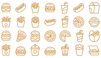 Food icons set: a seamless vector pattern of diverse breakfast items including bread, cake, coffee, and burgers, perfect for any food-related design