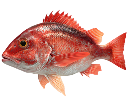 Isolated red snapper fish with detailed scales and fins against a black background in side view shot