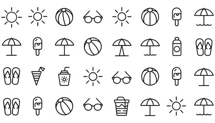 Travel and summer vacation vector icons collection with sun, beach, umbrella, and food symbols, a diverse set of zodiac and sport pictograms
