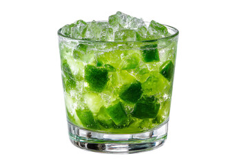 A glass of green liquid with ice cubes in it