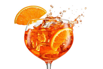 A glass of orange juice with ice cubes and an orange slice