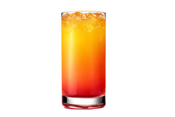 A glass of orange and pink drink with ice