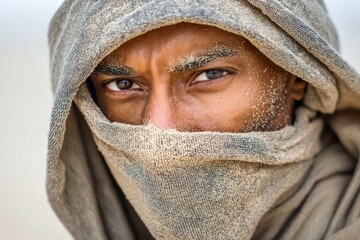 Mature african male in sand-covered robe with intense gaze