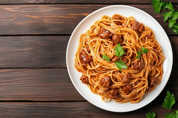 Plate of spaghetti with meatballs and parsley on top