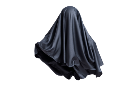 A black cloth is draped over a person's head, creating a sense of mystery
