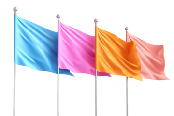 Three flags of different colors are hanging on a pole