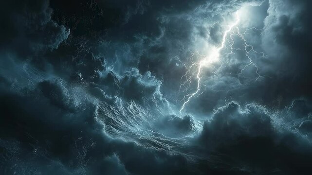 Dark stormy sky with lightning and turbulent clouds at night  