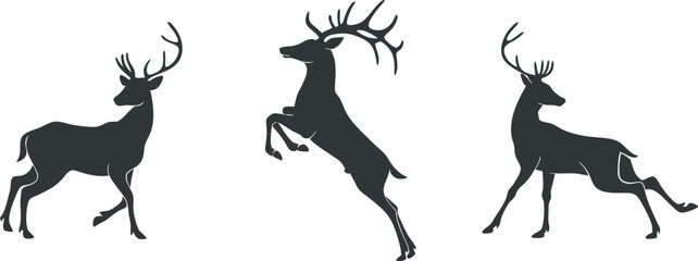 Obraz premium Three Stylized Deer Silhouette Illustration with Prominent Antlers on Light Background – Standing and Leaping Poses for Wildlife and Nature Design, set of deer silhouettes