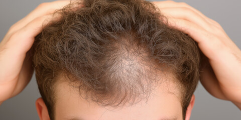 Man experiencing hair loss examines his thinning hairline in indoor setting