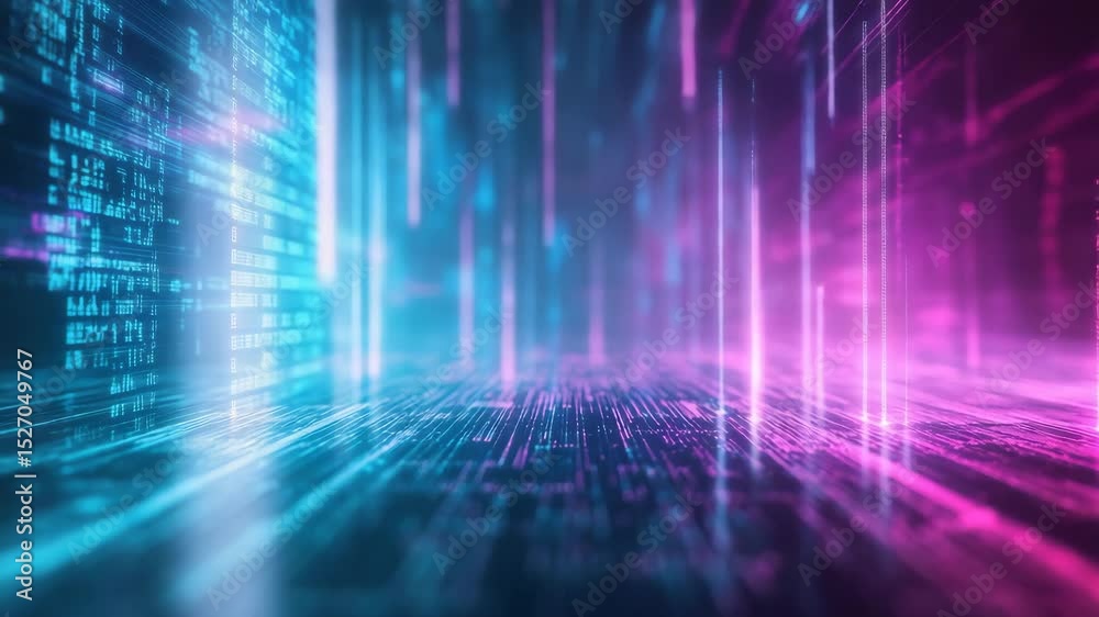 Fototapete A high-tech holographic video background with transparent layers of programming code floating in a digital space. The glowing cyan and purple tones enhance the futuristic, AI-inspired aesthetic