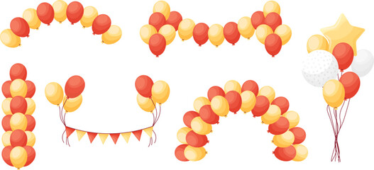 Party Balloon arches and garlands red, yellow colors, cartoon vector illustration set