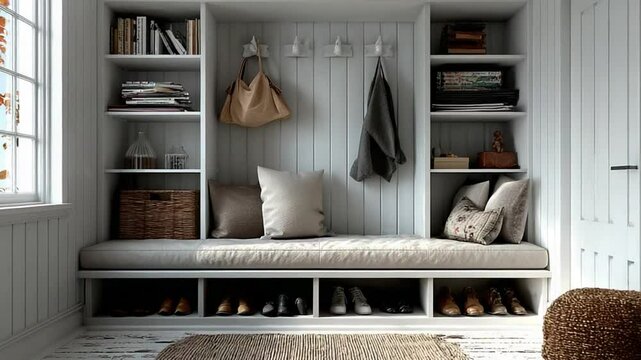 Elegant mudroom design featuring a built in bench with storage and shelving in soothing neutrals