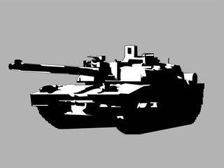 Military silhouette of a modern combat tank in black white and gray tones. Vector illustration of a tank for your military style designs For stylish and powerful military designs